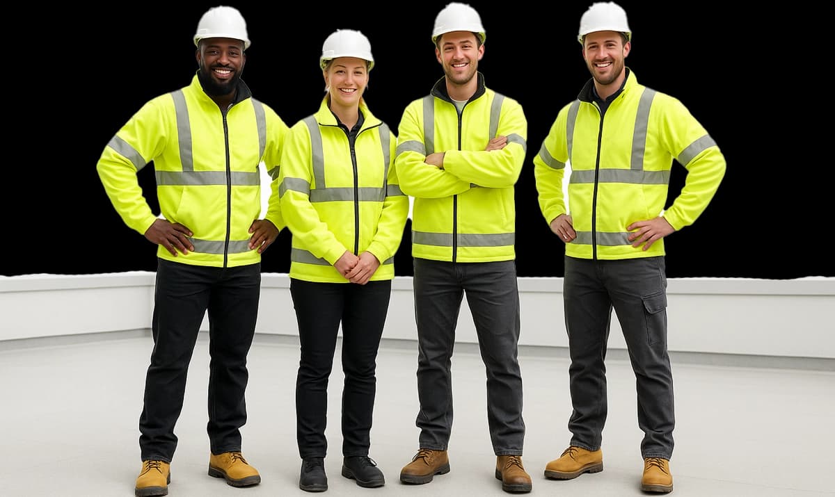 Allbase approved contractors in branded workwear and hard hats on site