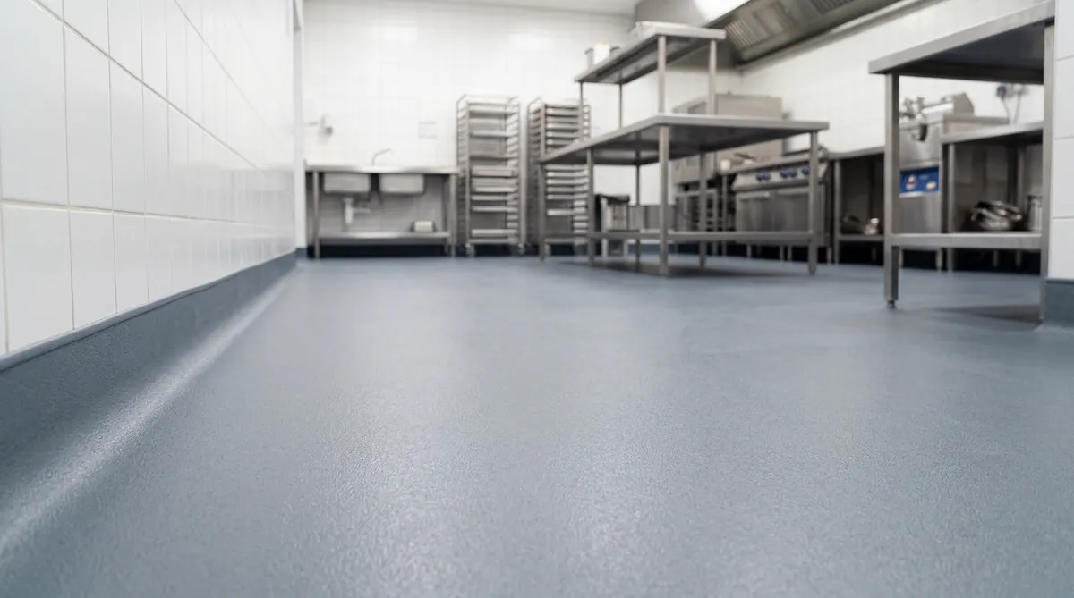 A Floortop polyurethane resin floor in a commercial kitchen