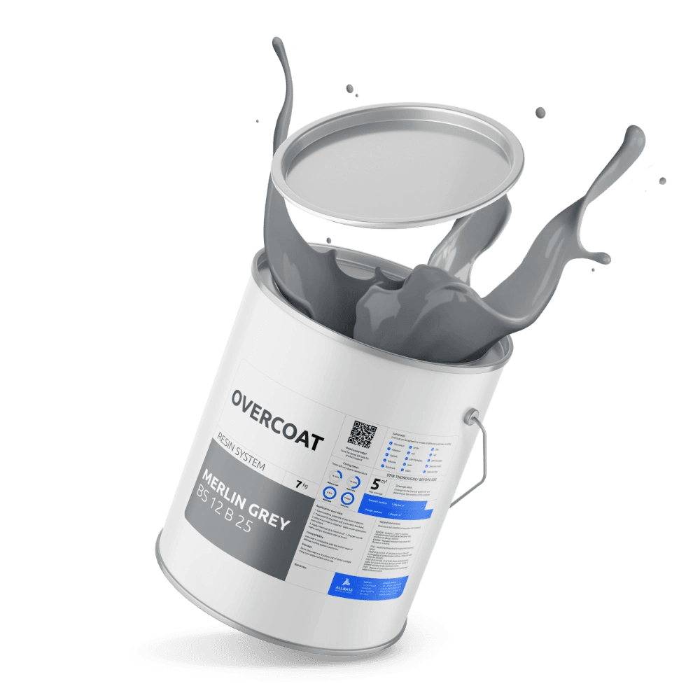A tin of Overcoat liquid roofing resin in Merlin Grey, with the grey resin splashing out