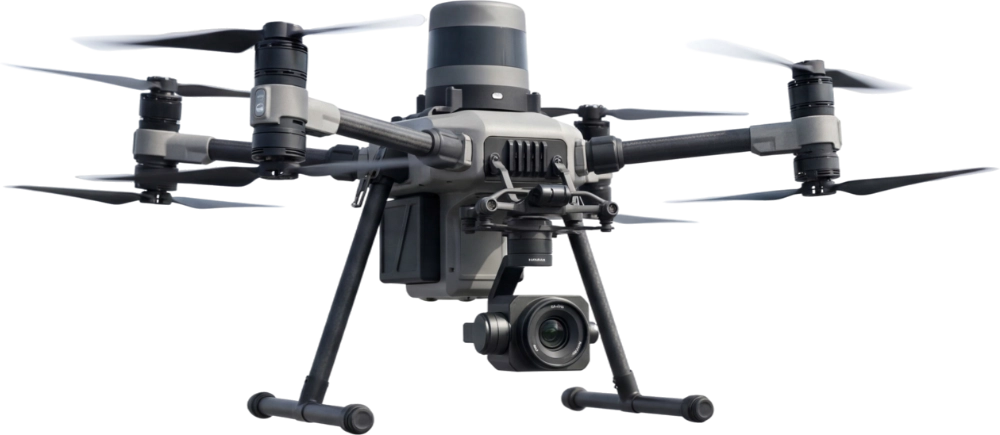 A survey drone with a camera gimbal, flown to inspect roofs from the air