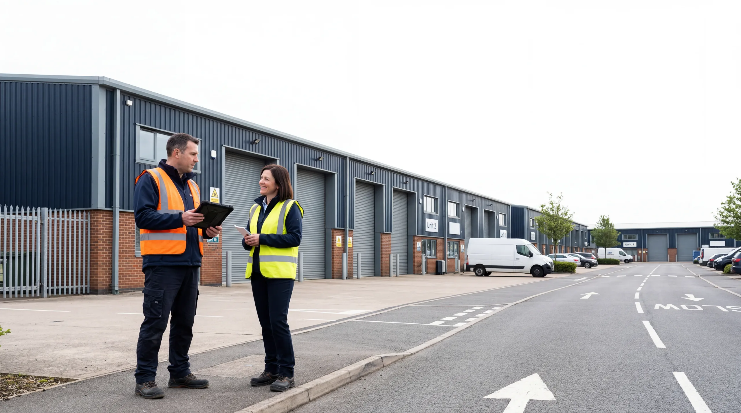 Allbase surveyors discussing a roof and floor condition survey on a UK industrial estate