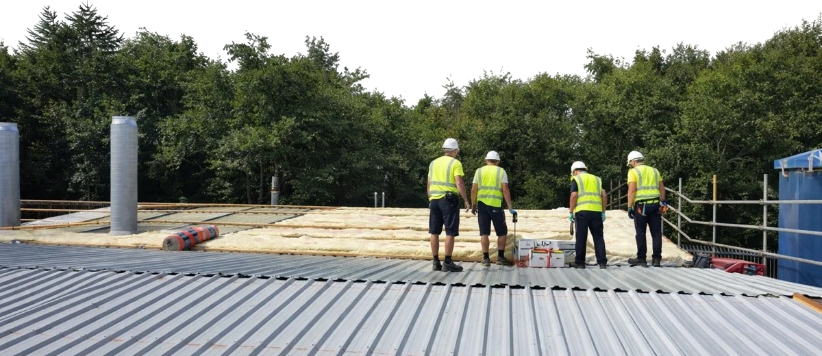 Roofing team installing insulation over a profiled metal flat roof during a renewal overlay